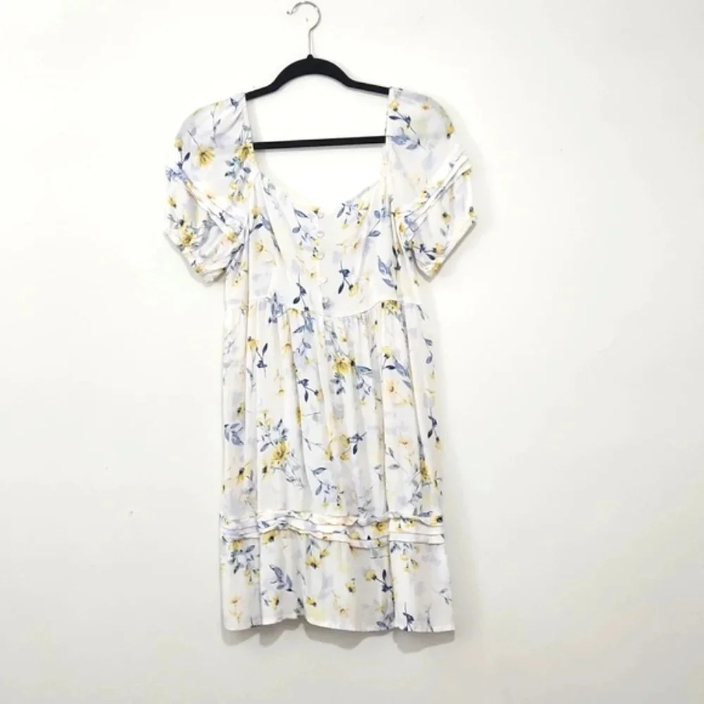 Lovestitch Honey Puff Sleeve Mini Dress white yellow blue M Medium